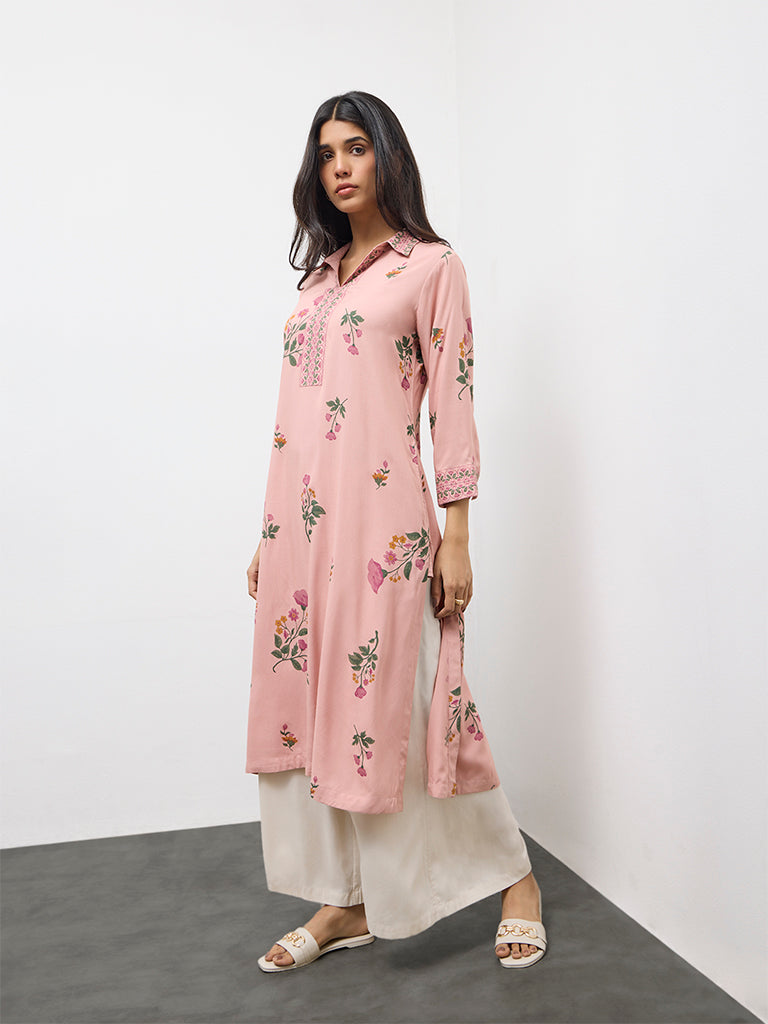 Utsa Dusty Pink Floral Design A-Line Kurta