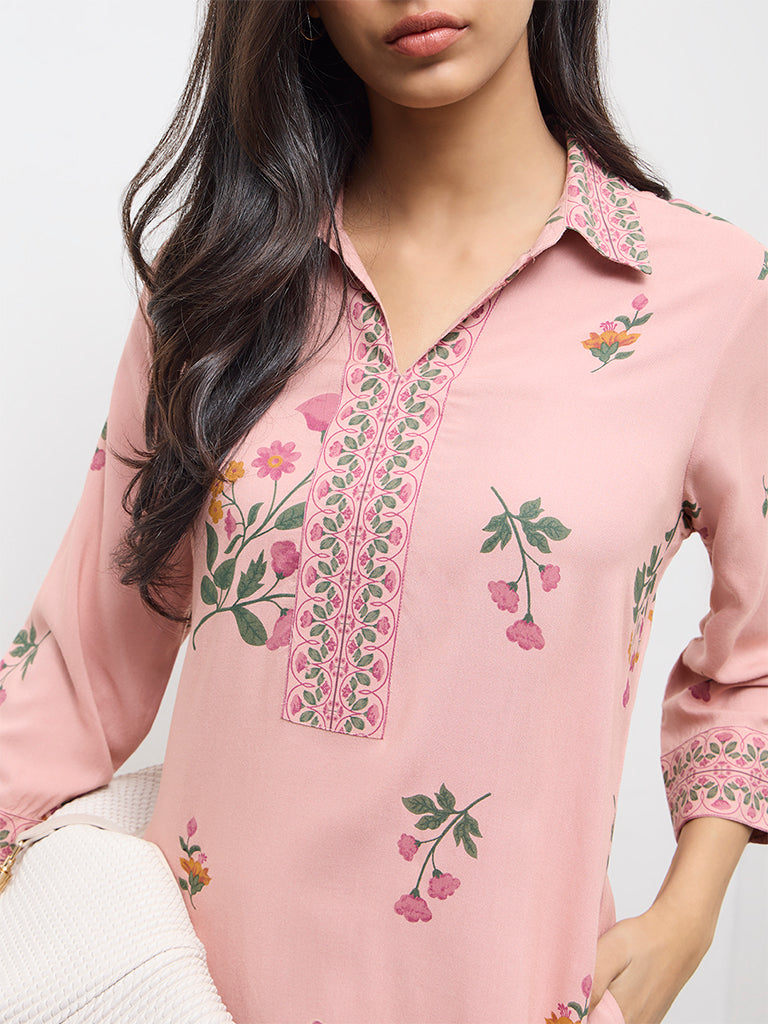 Utsa Dusty Pink Floral Design A-Line Kurta
