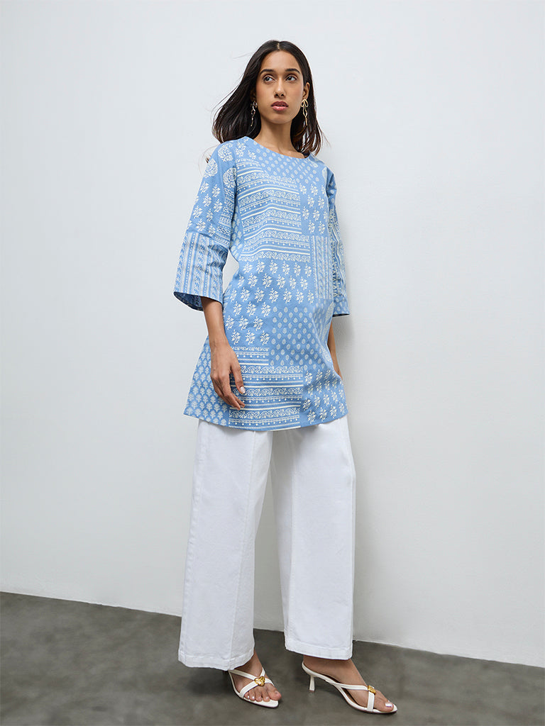 Utsa Blue Printed Cotton-Blend Straight Kurta
