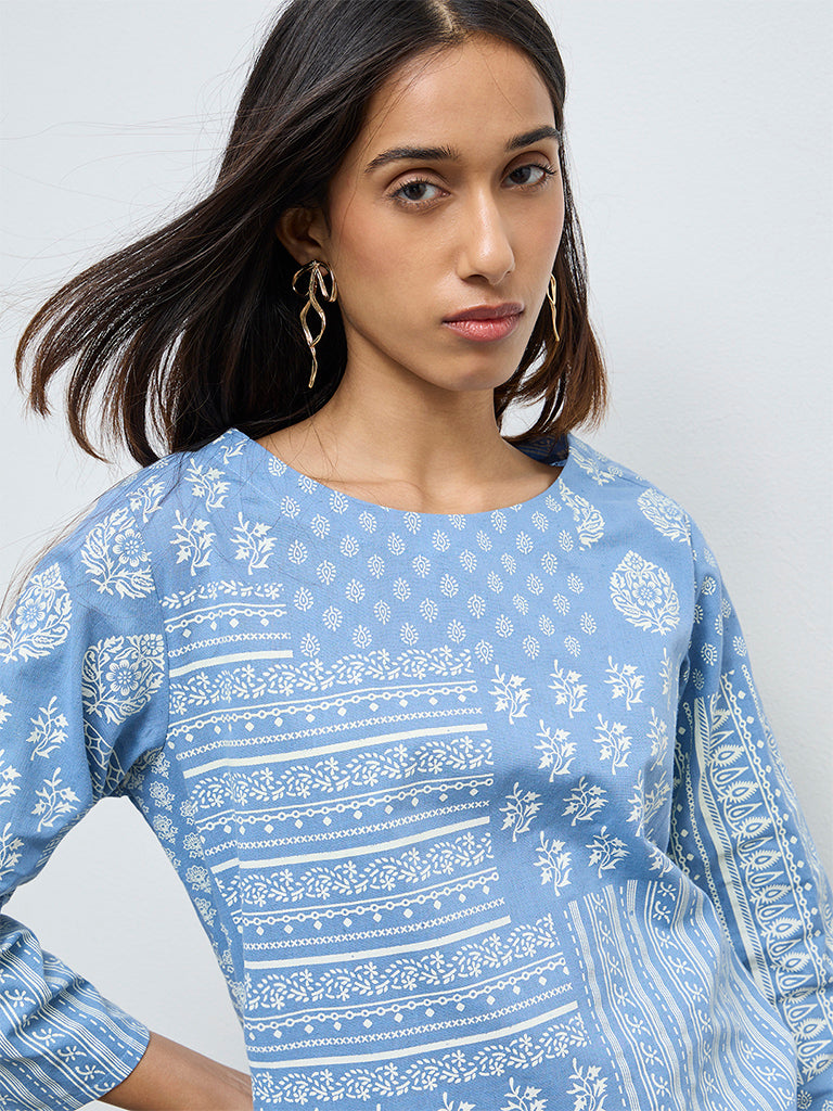 Utsa Blue Printed Cotton-Blend Straight Kurta