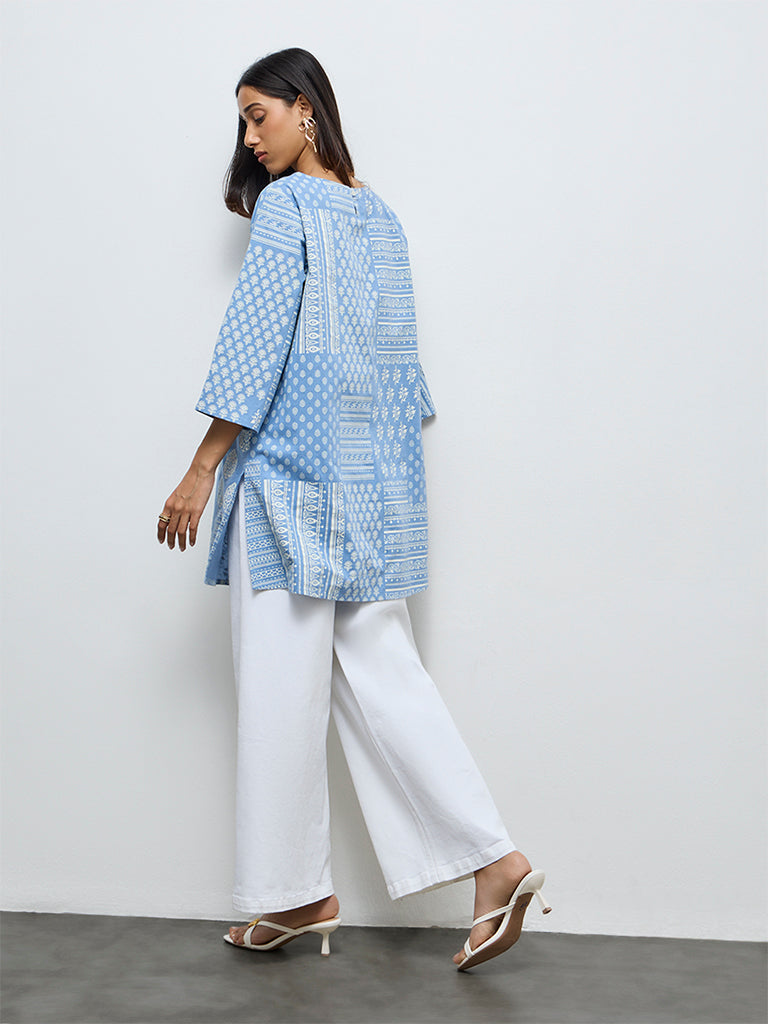 Utsa Blue Printed Cotton-Blend Straight Kurta