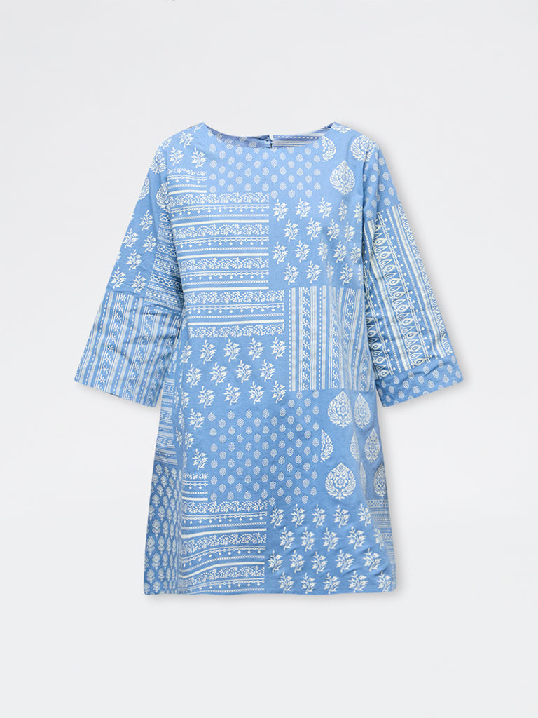 Utsa Blue Printed Cotton-Blend Straight Kurta