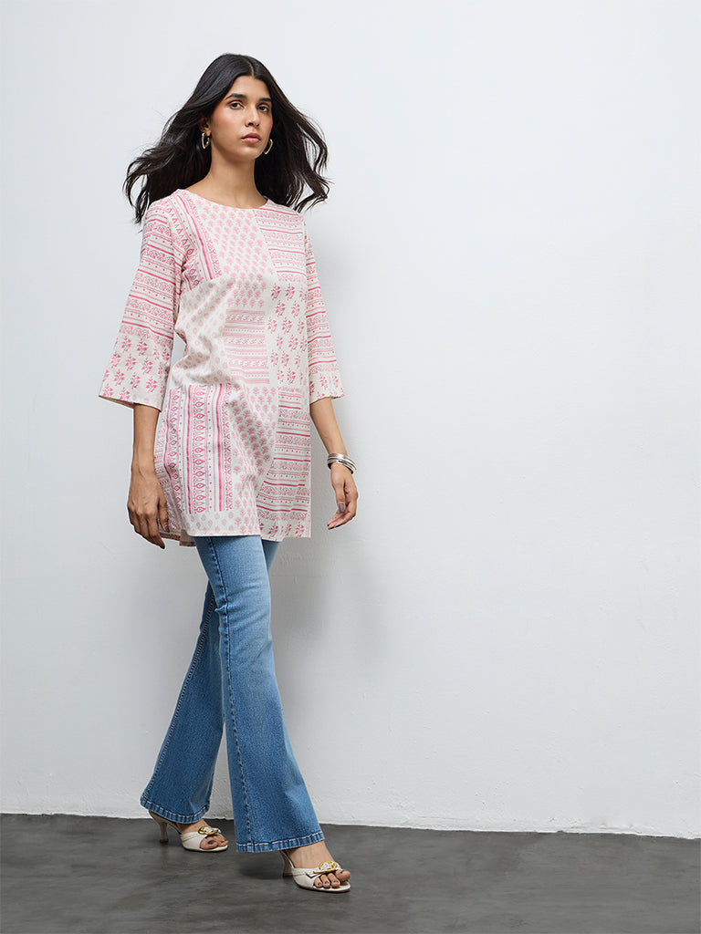 Utsa Off-White Printed Cotton A-Line Kurta