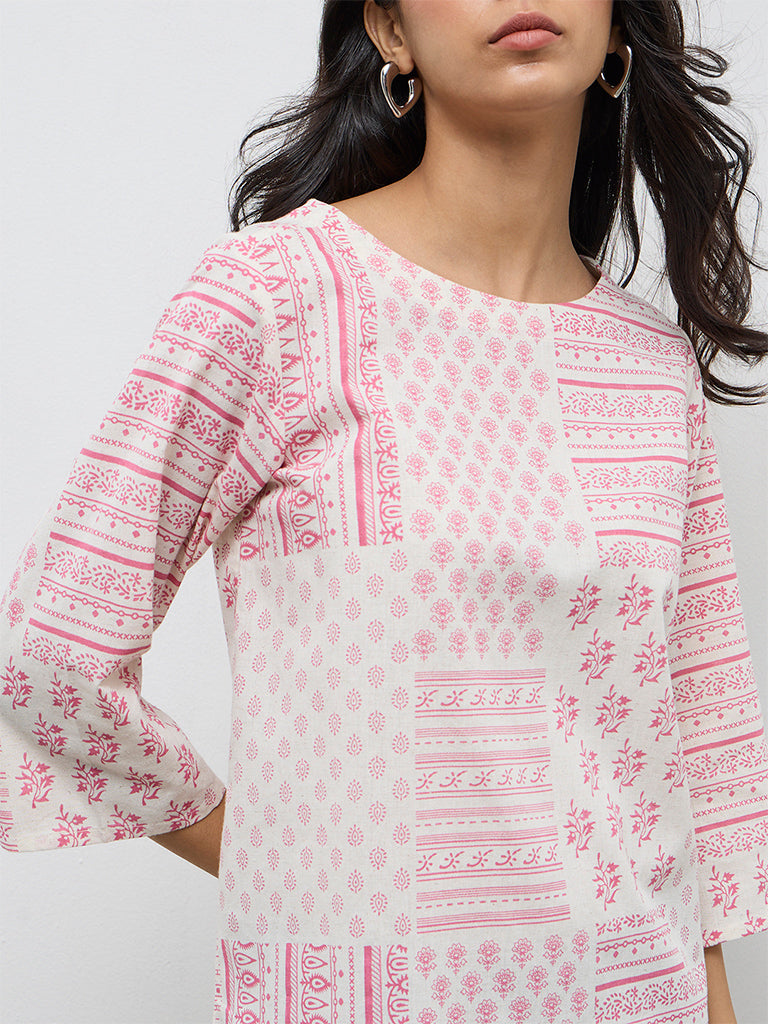 Utsa Off-White Printed Cotton A-Line Kurta