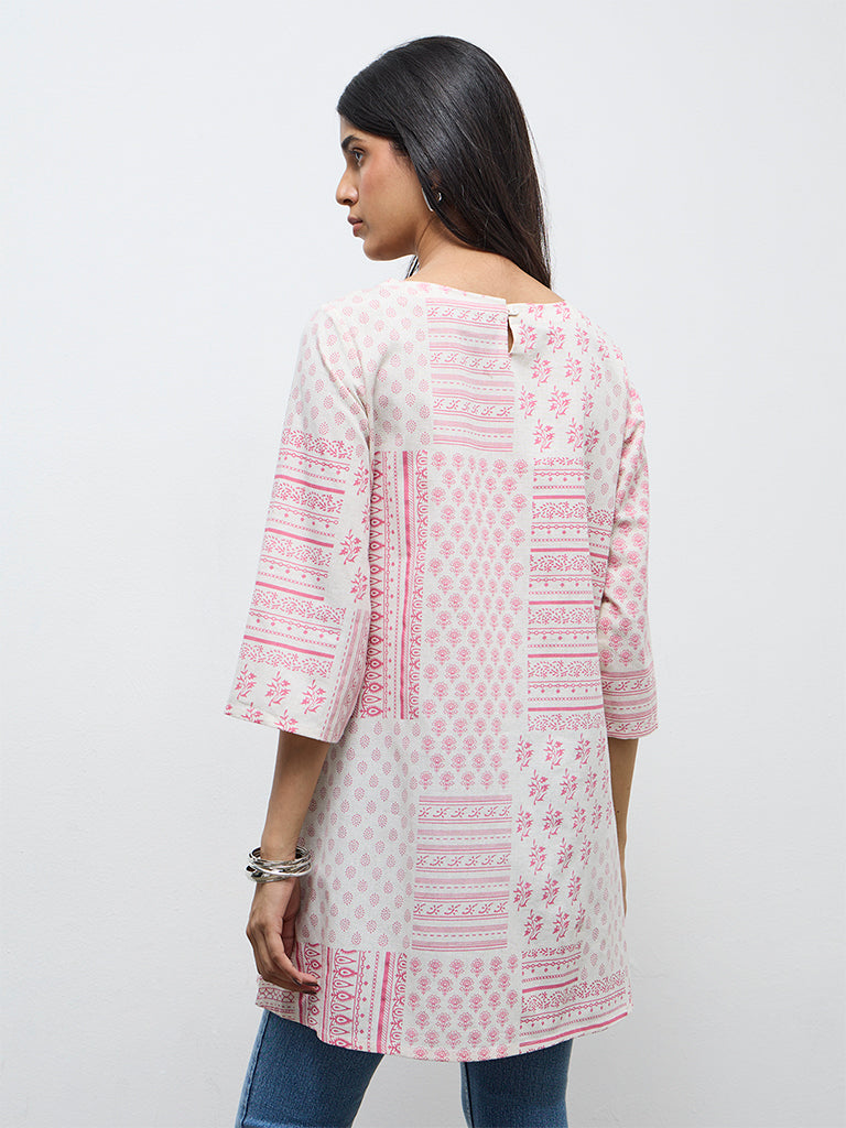Utsa Off-White Printed Cotton A-Line Kurta