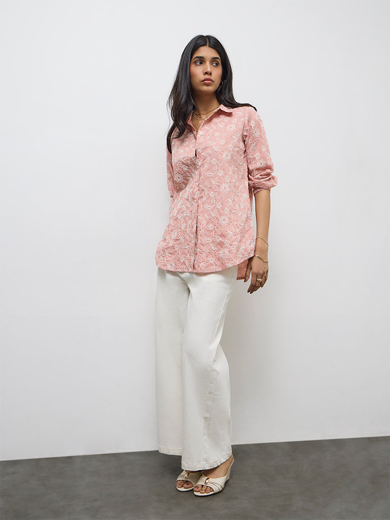 Utsa Dusty Pink Floral Embroidered Cotton Tunic