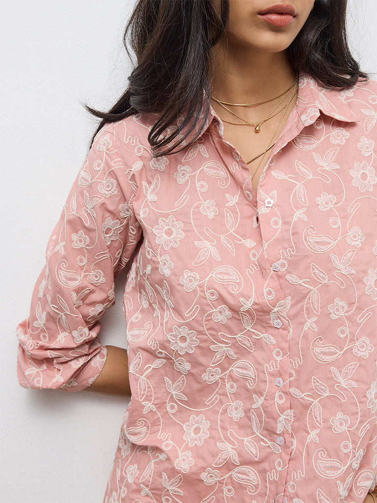Utsa Dusty Pink Floral Embroidered Cotton Tunic