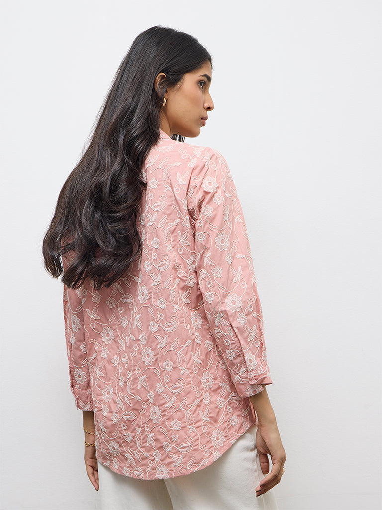 Utsa Dusty Pink Floral Embroidered Cotton Tunic