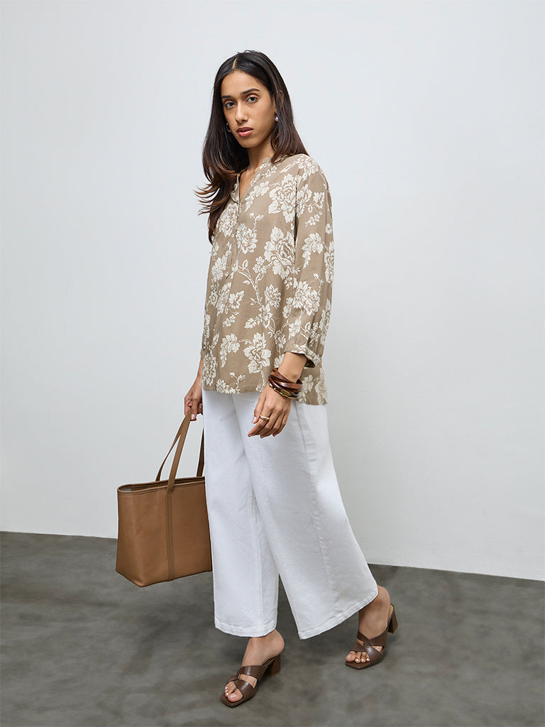 Utsa Taupe Floral Design Tunic
