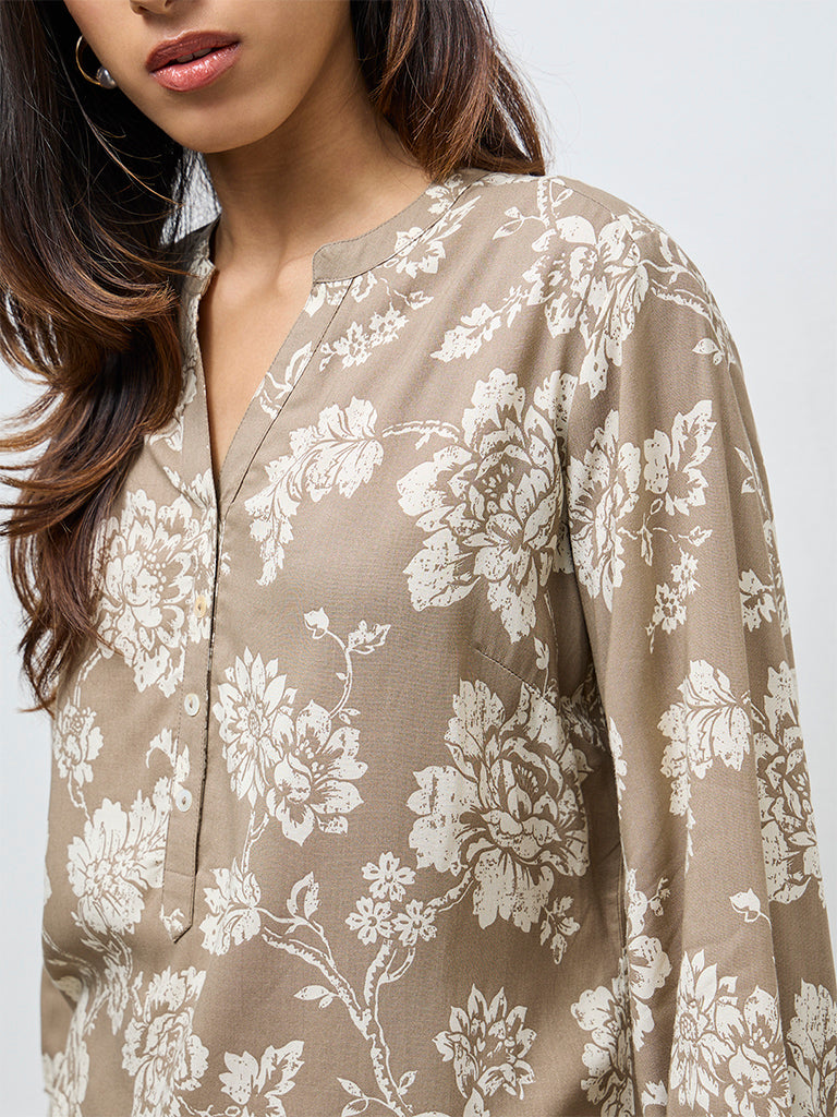 Utsa Taupe Floral Design Tunic