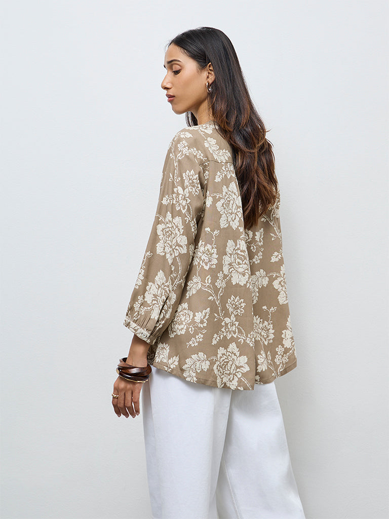 Utsa Taupe Floral Design Tunic