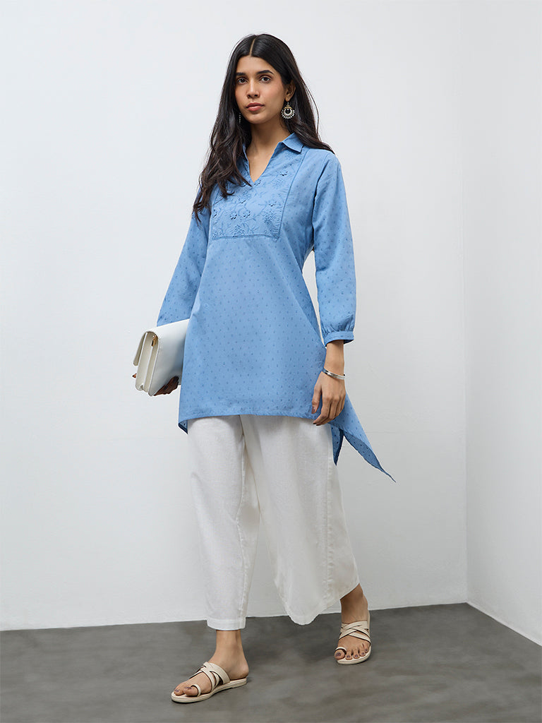 Utsa Blue Embroidered Cotton Straight Kurta
