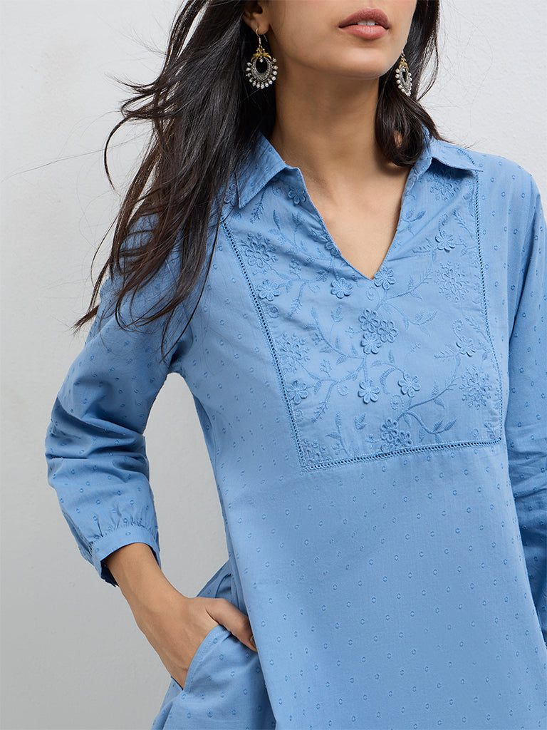 Utsa Blue Embroidered Cotton Straight Kurta