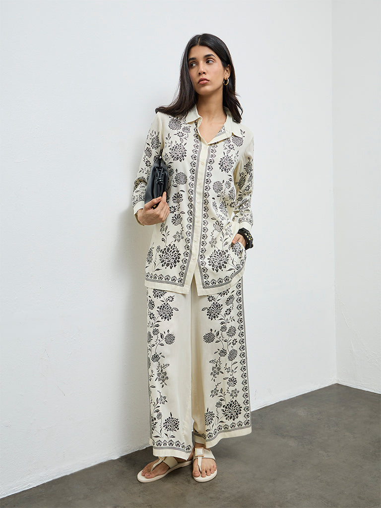 Utsa Off-White Foliage Printed Palazzos
