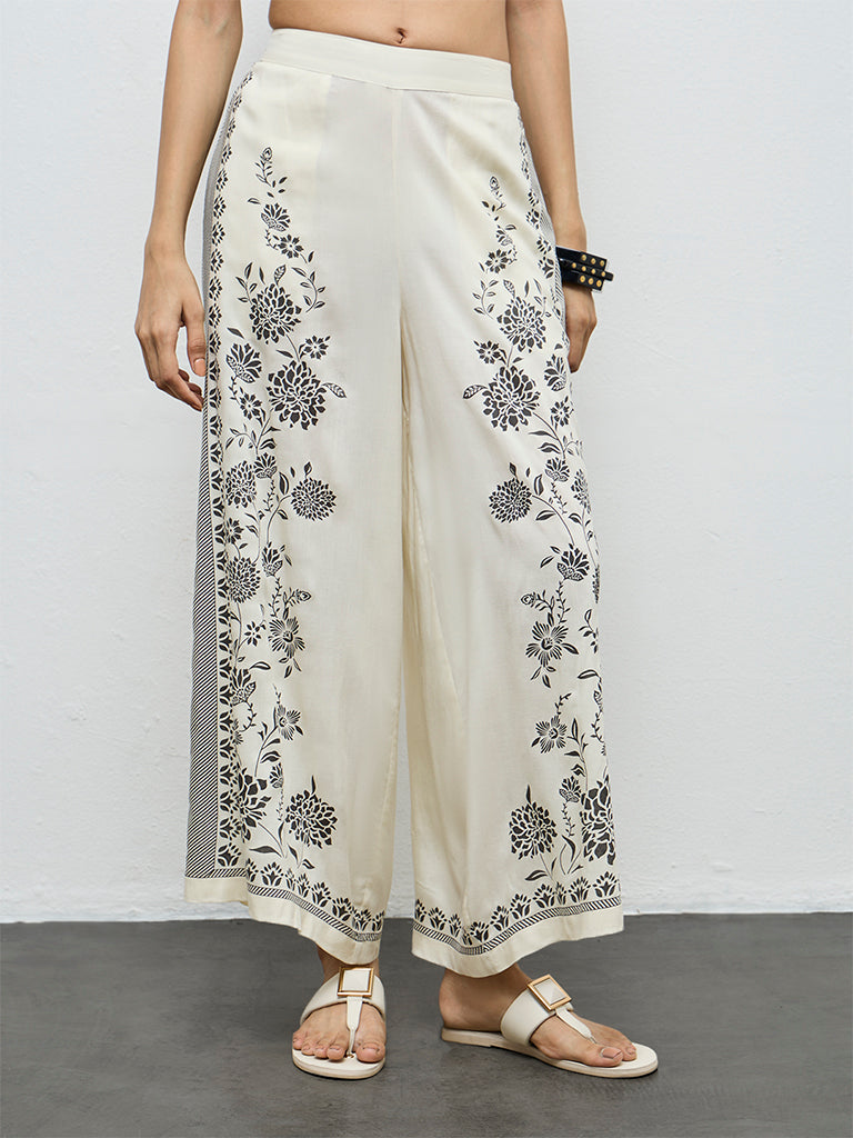 Utsa Off-White Foliage Printed Palazzos