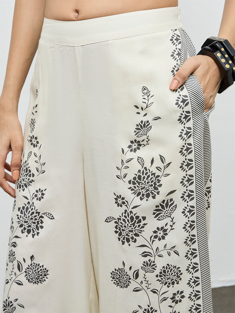 Utsa Off-White Foliage Printed Palazzos