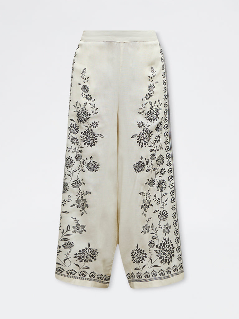 Utsa Off-White Foliage Printed Palazzos