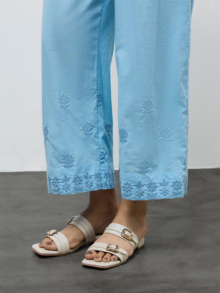 Utsa Blue Floral Embroidered Cotton Pants