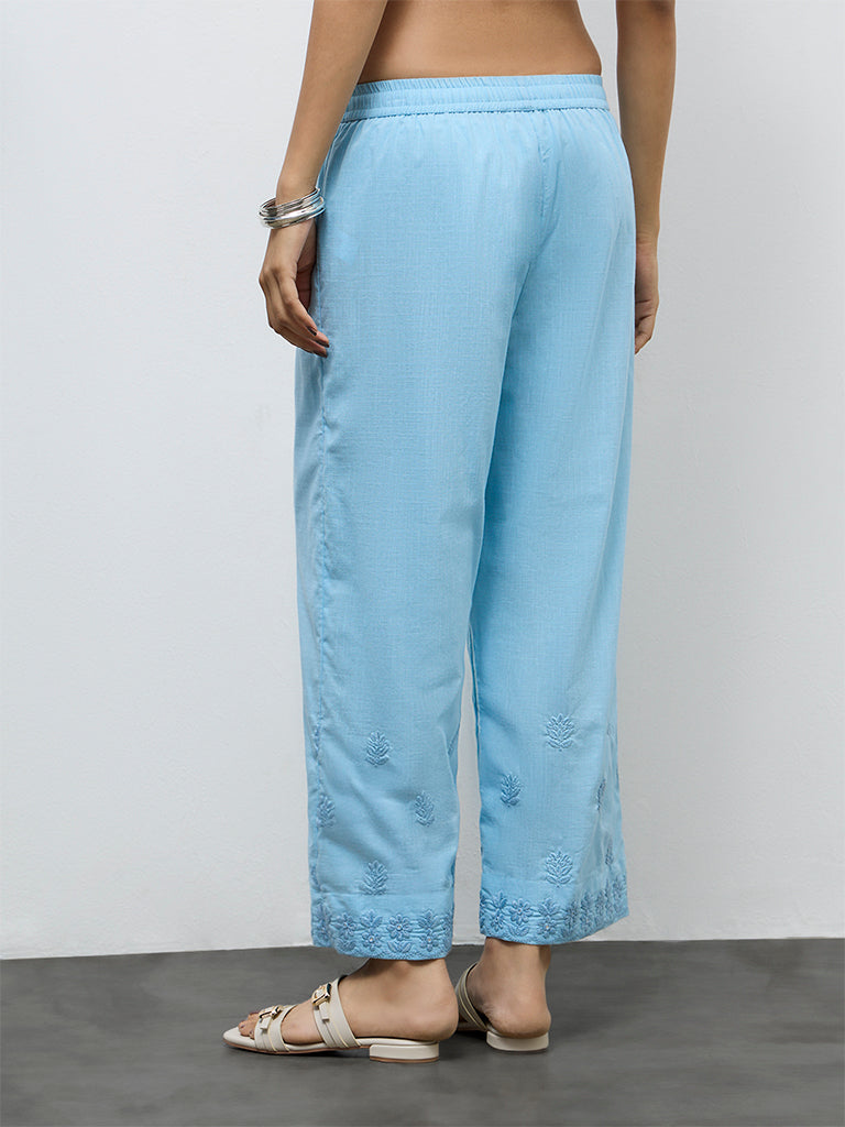Utsa Blue Floral Embroidered Cotton Pants