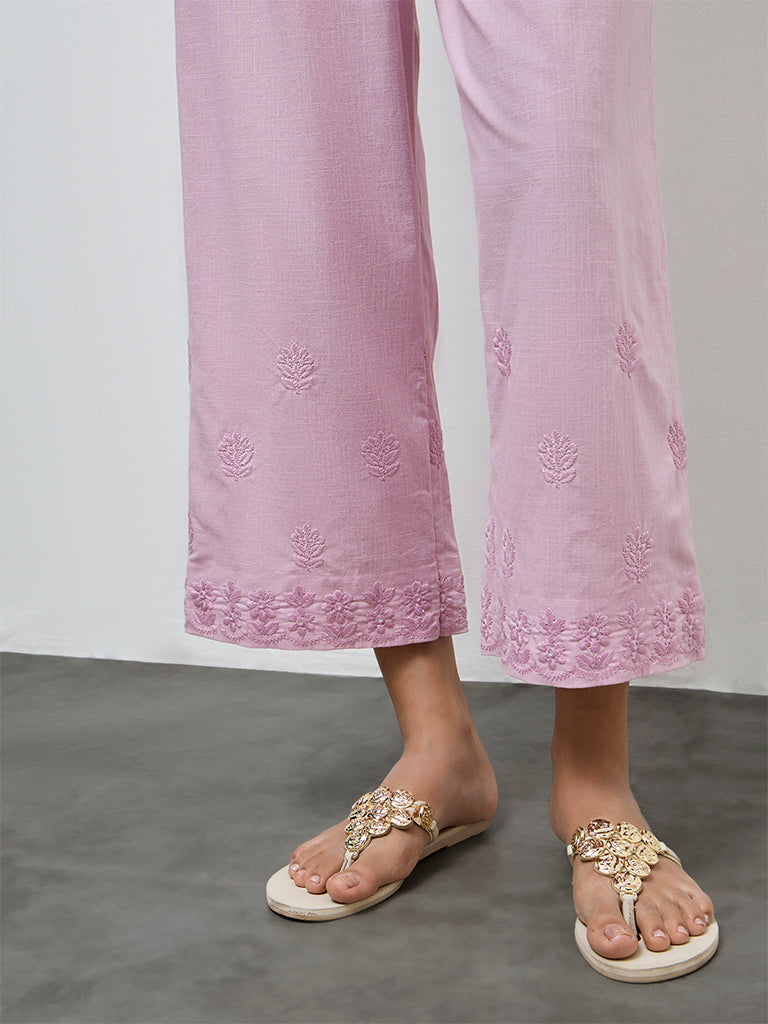 Utsa Pink Floral Embroidered Cotton Pants