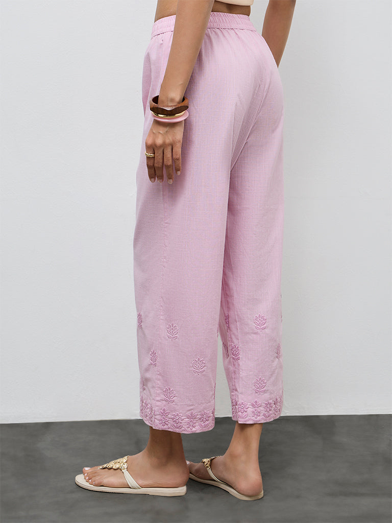 Utsa Pink Floral Embroidered Cotton Pants