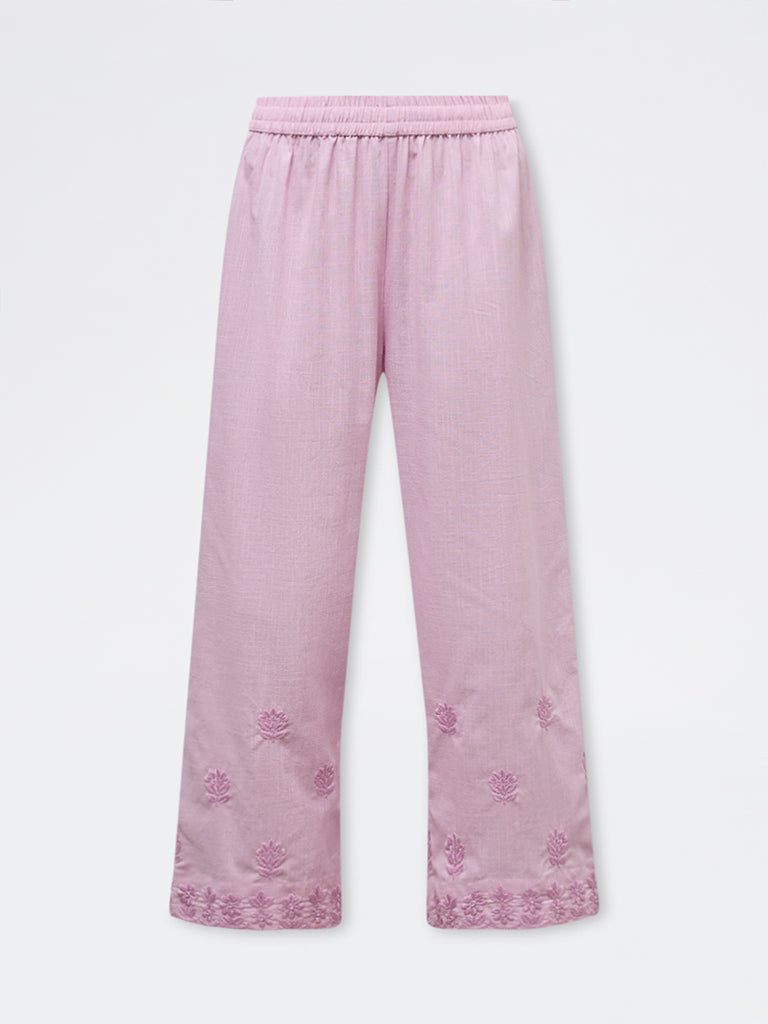 Utsa Pink Floral Embroidered Cotton Pants