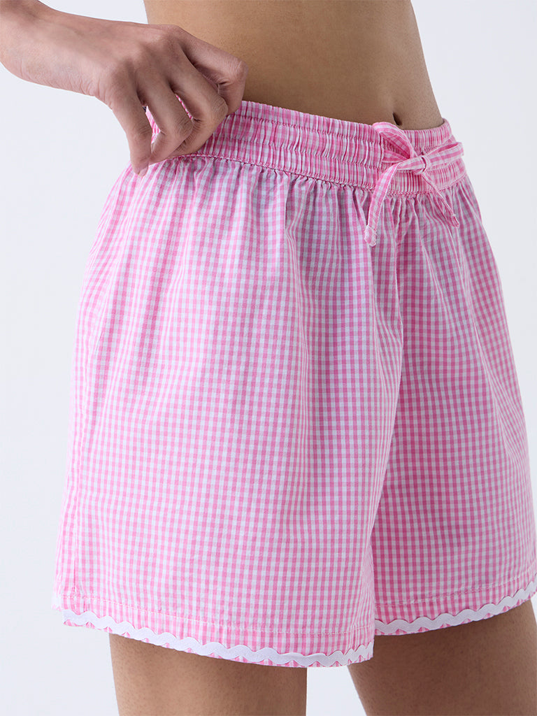 Superstar Pink Gingham Checkered High-Rise Cotton Shorts
