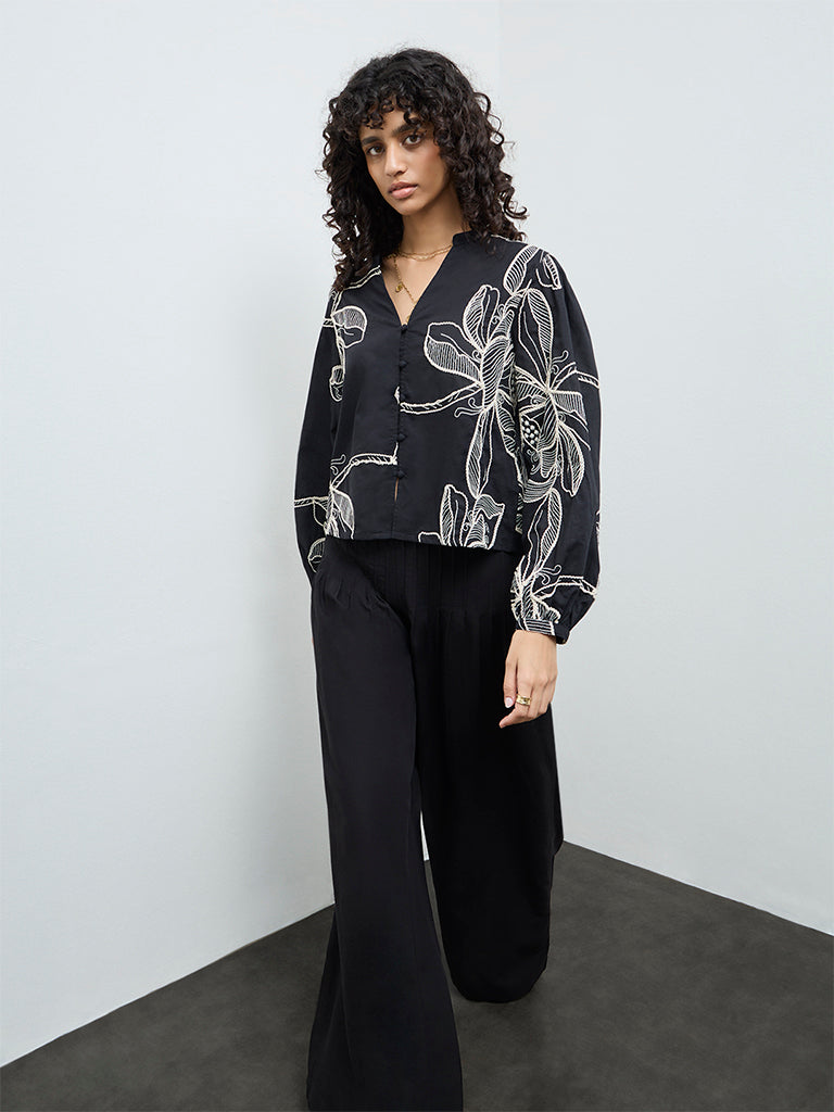 LOV Black Foliage Embroidered Cotton Blouse