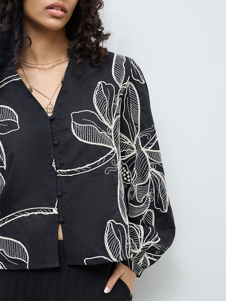 Buy LOV Black Foliage Embroidered Cotton Blouse from Westside