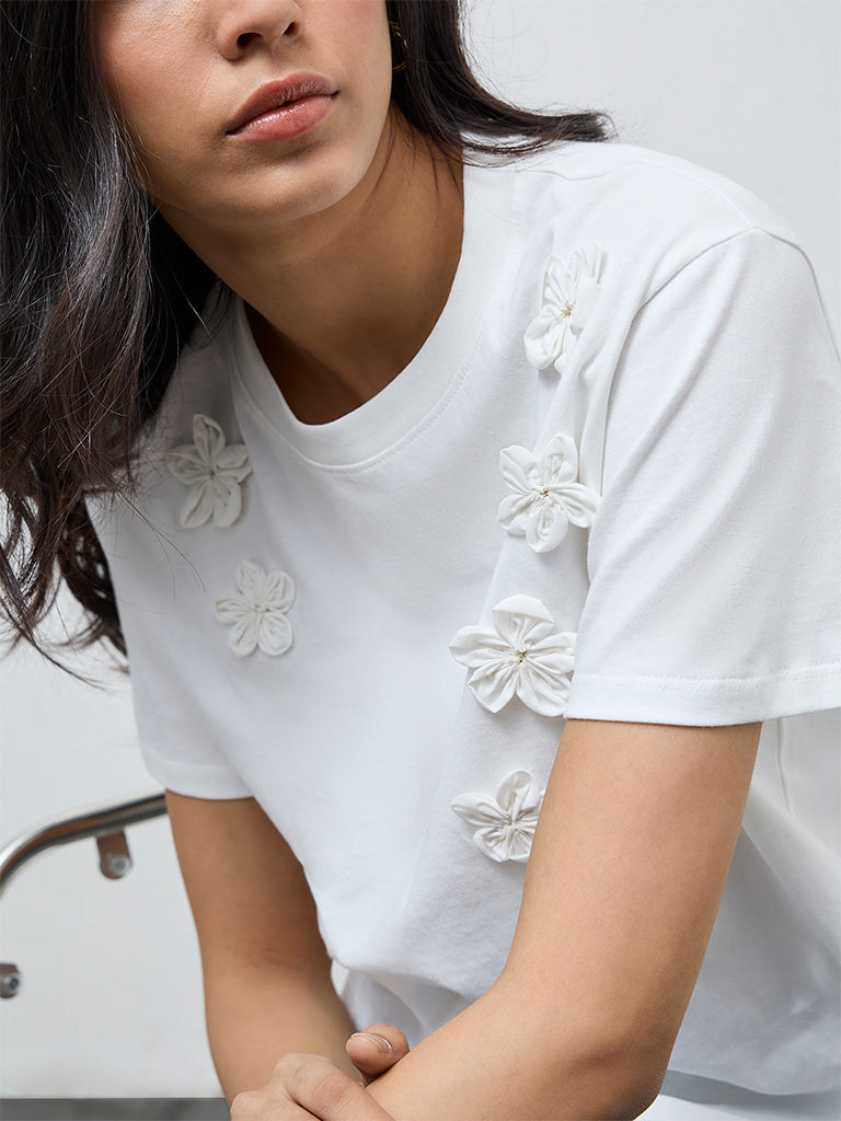 LOV Off-White Floral-Detailed Cotton T-Shirt