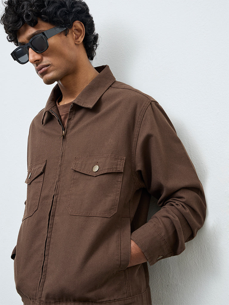 WES Casuals Dark Brown Relaxed-Fit Cotton Jacket