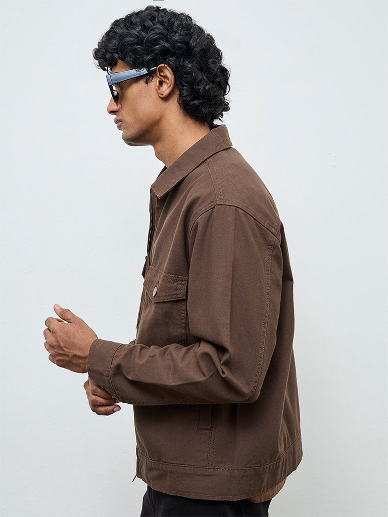 WES Casuals Dark Brown Relaxed-Fit Cotton Jacket