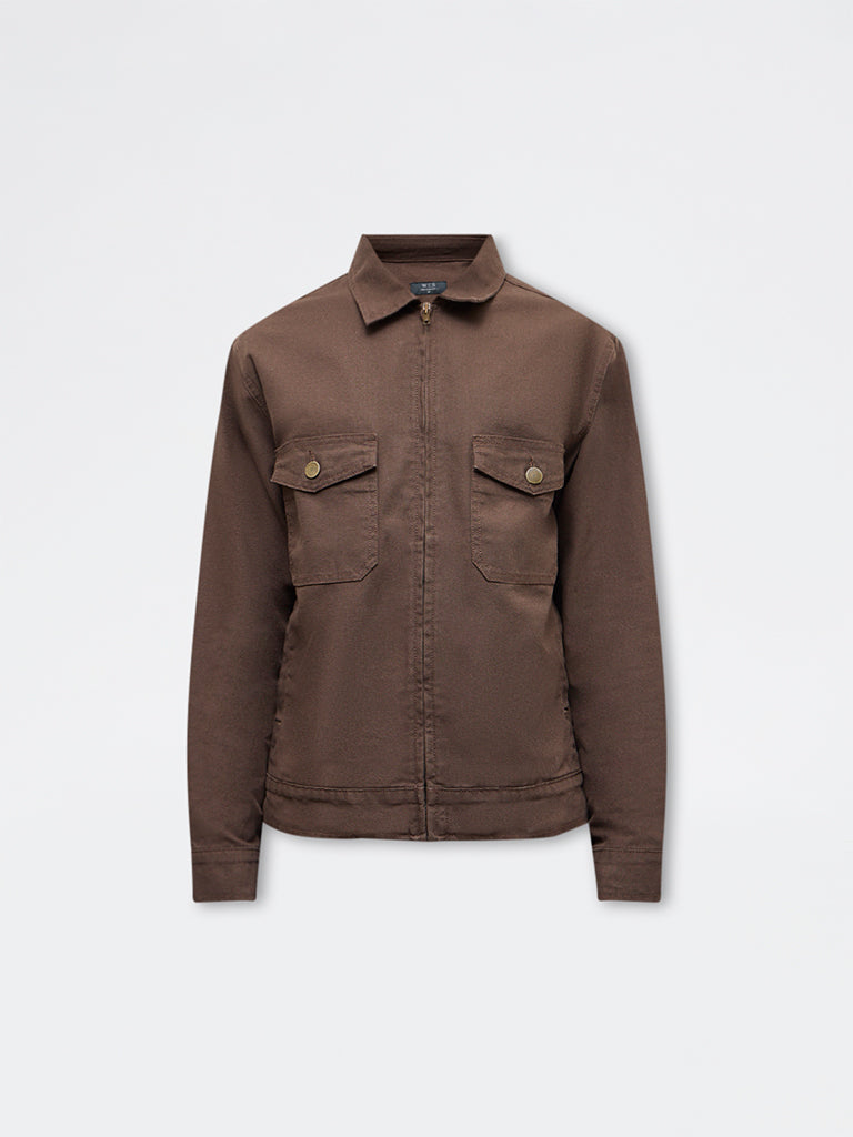 WES Casuals Dark Brown Relaxed-Fit Cotton Jacket