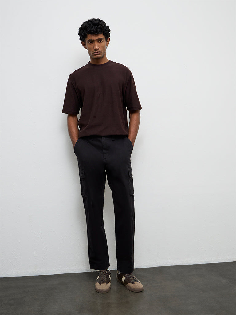 WES Casuals Black Solid Relaxed-Fit Mid-Rise Cotton Cargo Pants