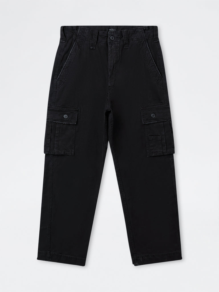 WES Casuals Black Solid Relaxed-Fit Mid-Rise Cotton Cargo Pants