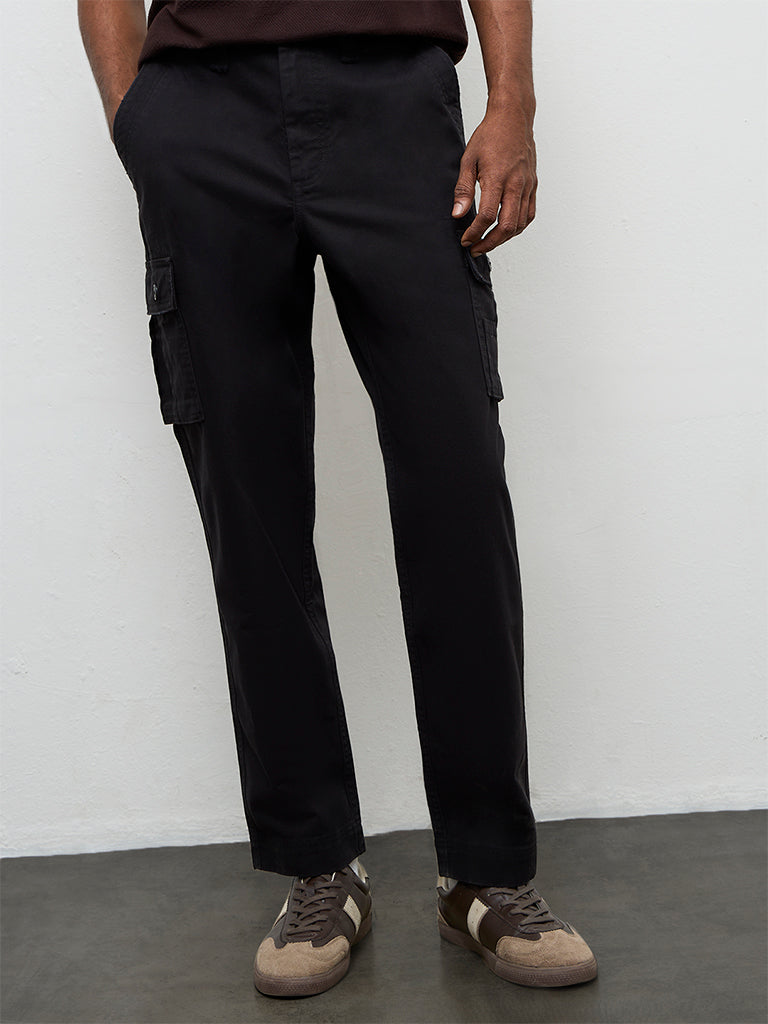 WES Casuals Black Solid Relaxed-Fit Mid-Rise Cotton Cargo Pants