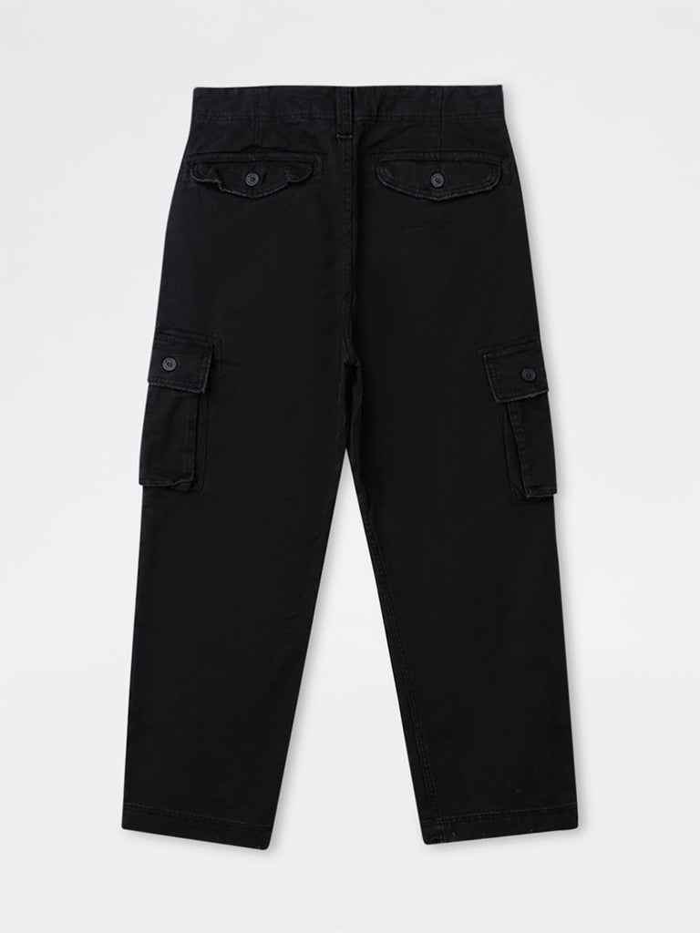WES Casuals Black Solid Relaxed-Fit Mid-Rise Cotton Cargo Pants