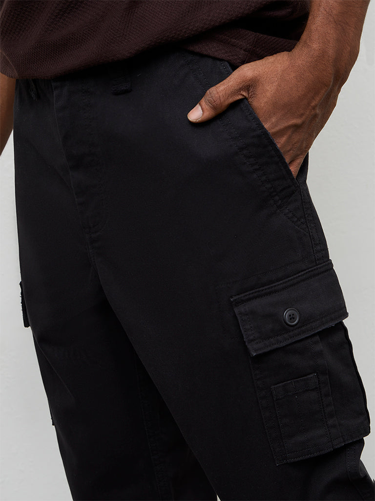 WES Casuals Black Solid Relaxed-Fit Mid-Rise Cotton Cargo Pants