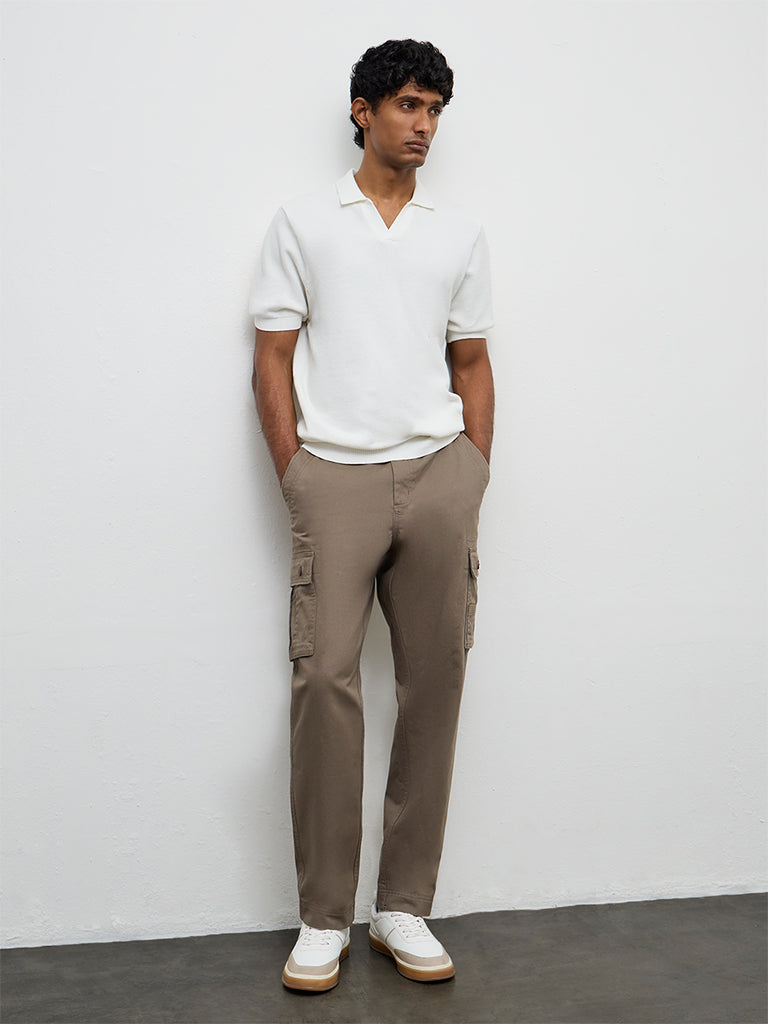 WES Casuals Dark Taupe Relaxed-Fit Mid-Rise Cotton Cargo Pants