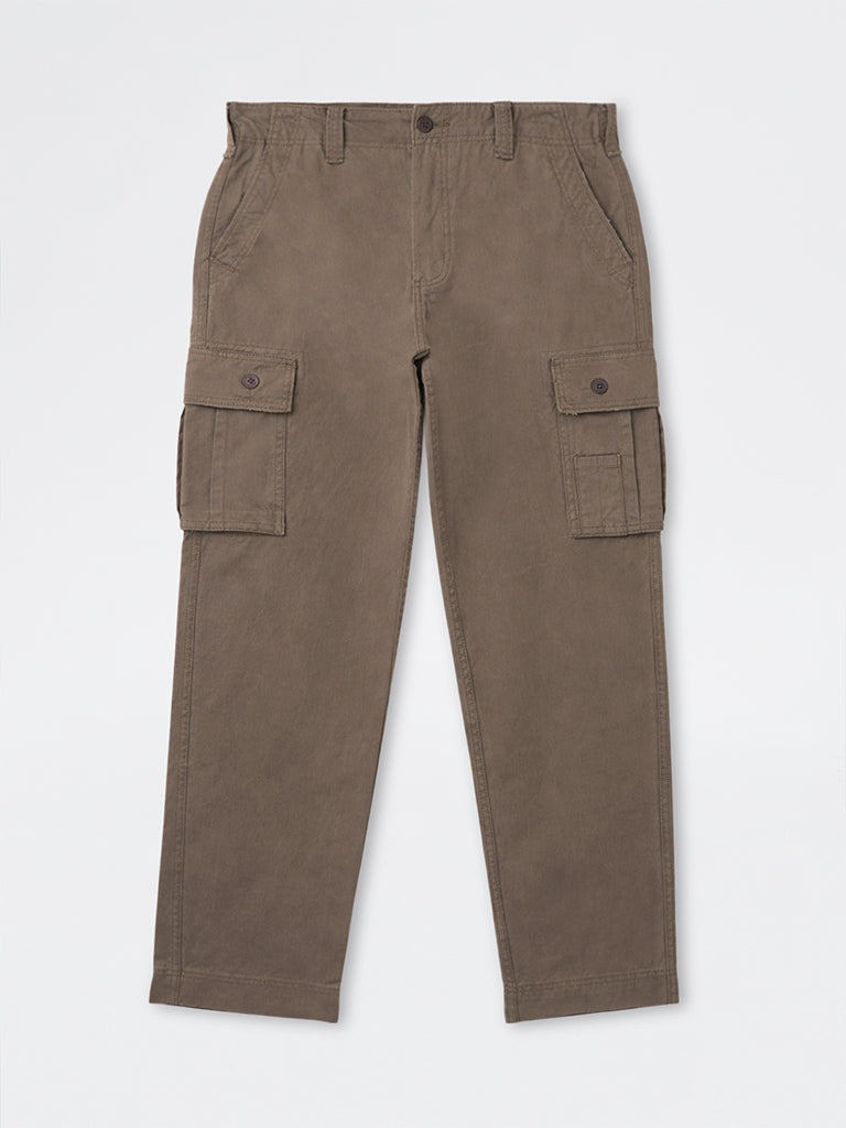 WES Casuals Dark Taupe Relaxed-Fit Mid-Rise Cotton Cargo Pants