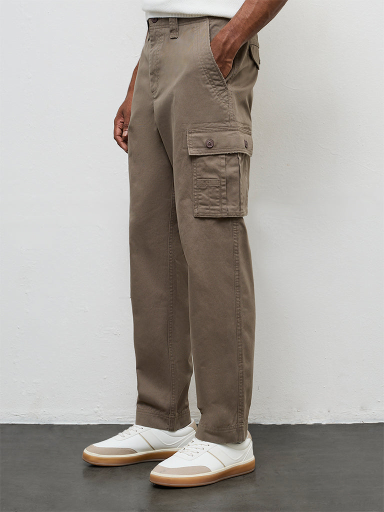 WES Casuals Dark Taupe Relaxed-Fit Mid-Rise Cotton Cargo Pants