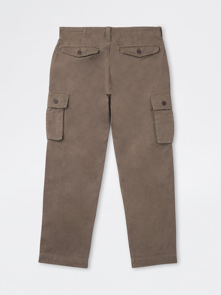 WES Casuals Dark Taupe Relaxed-Fit Mid-Rise Cotton Cargo Pants