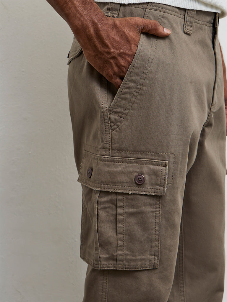 WES Casuals Dark Taupe Relaxed-Fit Mid-Rise Cotton Cargo Pants