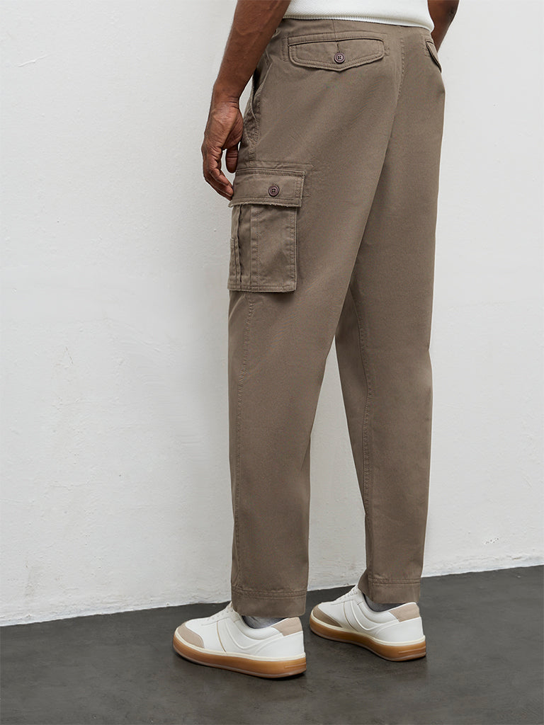 WES Casuals Dark Taupe Relaxed-Fit Mid-Rise Cotton Cargo Pants