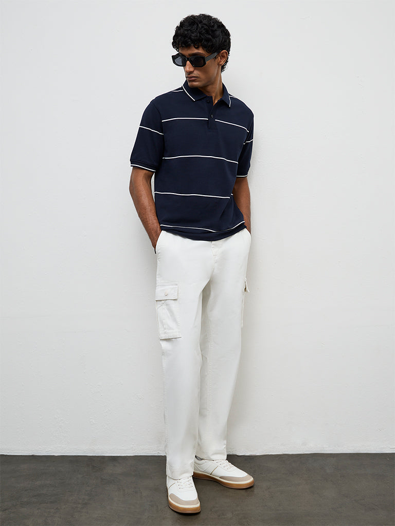 WES Casuals Off-White Relaxed-Fit Mid-Rise Cotton Cargo Pants