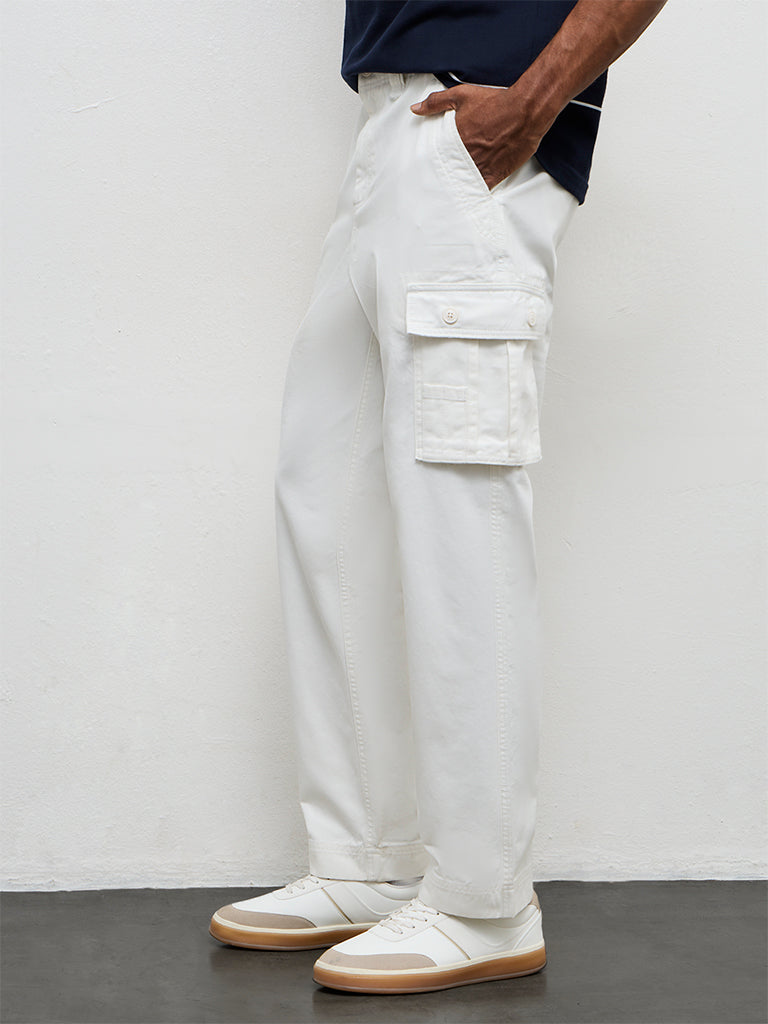 WES Casuals Off-White Relaxed-Fit Mid-Rise Cotton Cargo Pants