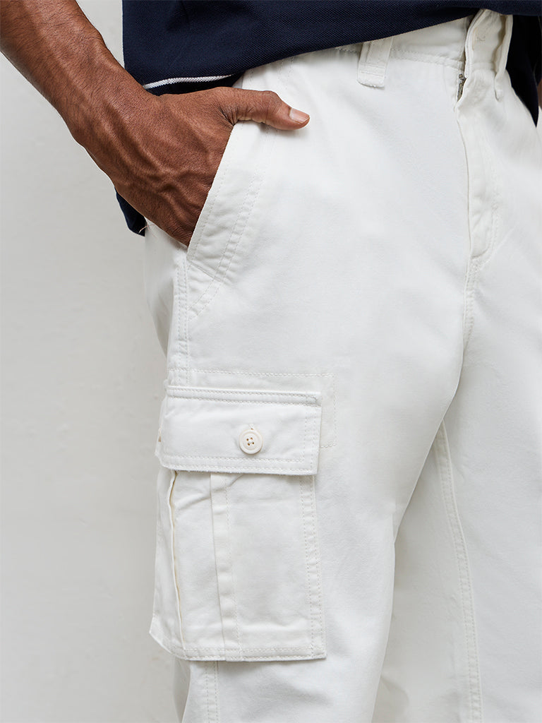 WES Casuals Off-White Relaxed-Fit Mid-Rise Cotton Cargo Pants