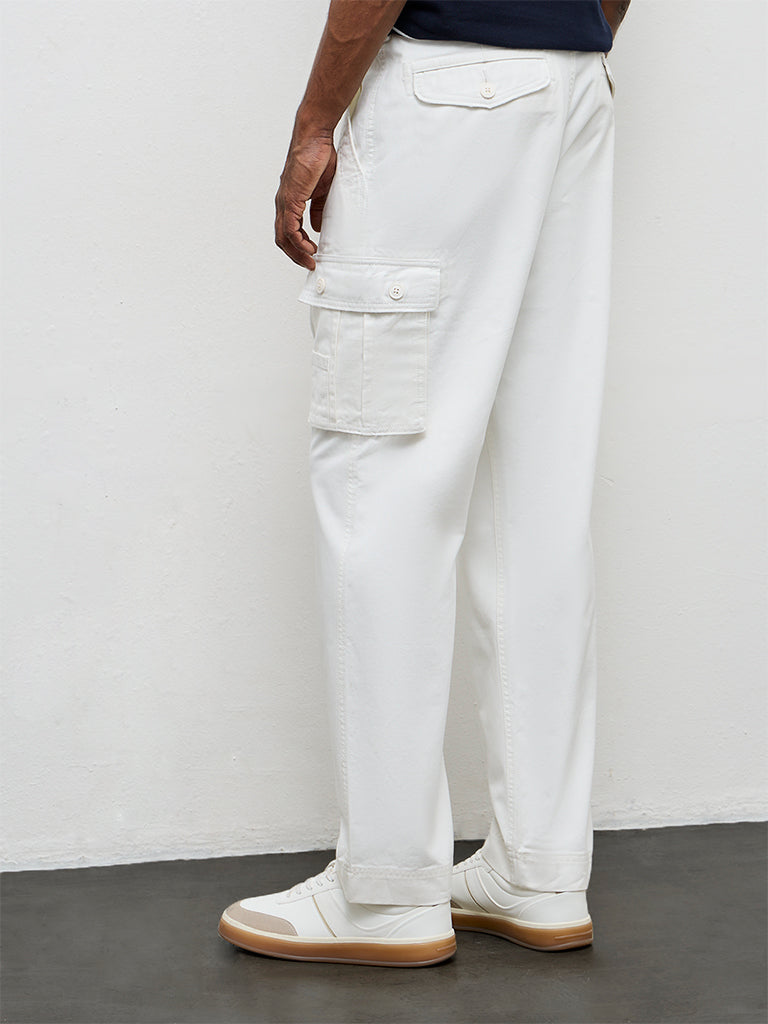 WES Casuals Off-White Relaxed-Fit Mid-Rise Cotton Cargo Pants