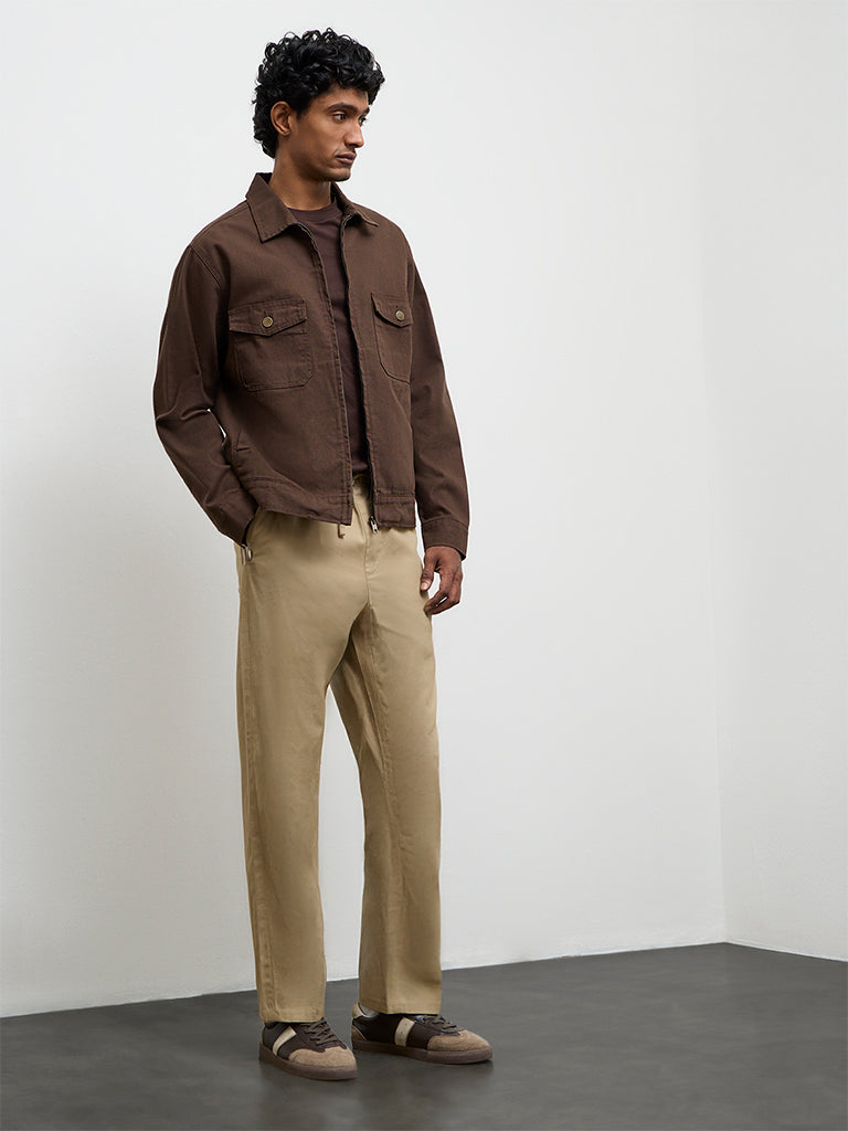 WES Casuals Taupe Relaxed-Fit Mid-Rise Cotton-Blend Chinos