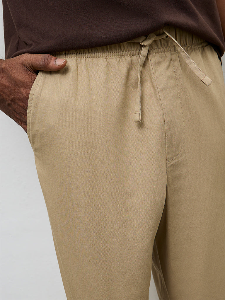 WES Casuals Taupe Relaxed-Fit Mid-Rise Cotton-Blend Chinos